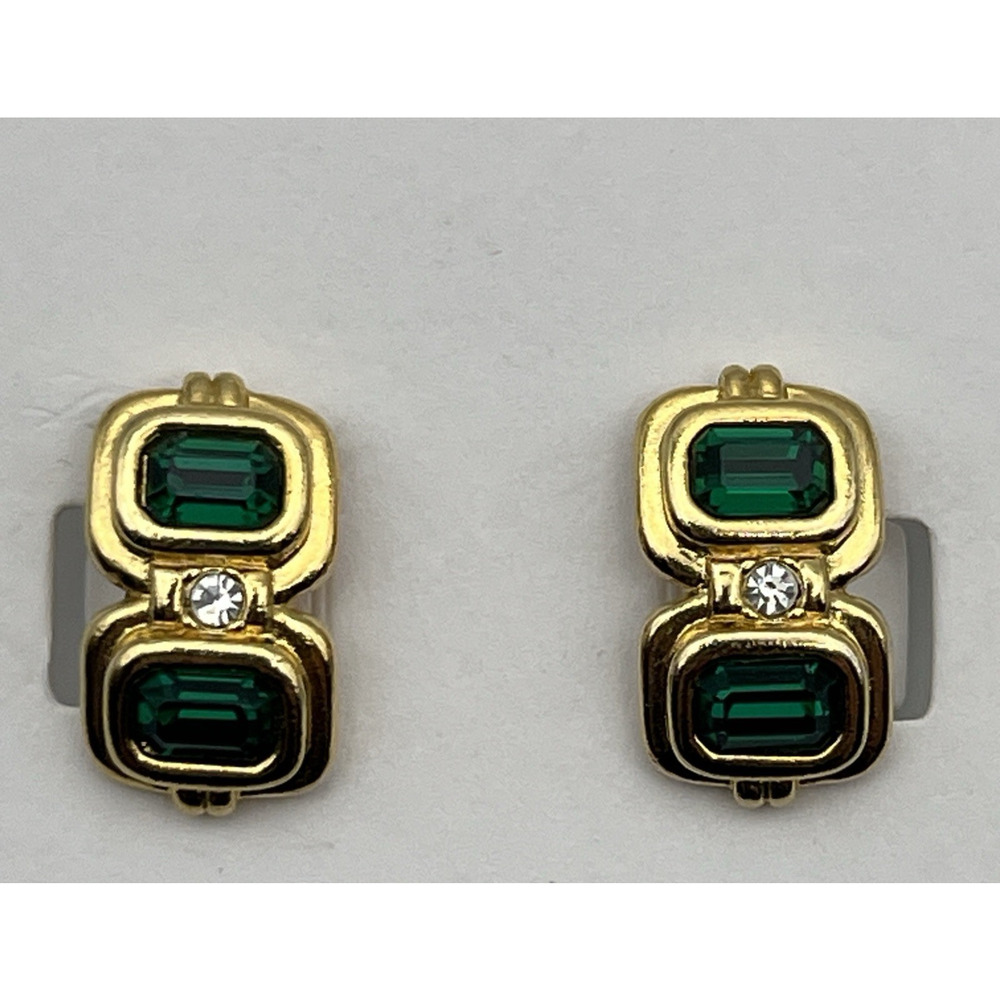 Vintage Green and Gold Tone Geometric Clip On Earrings Emerald-Cut Classic
